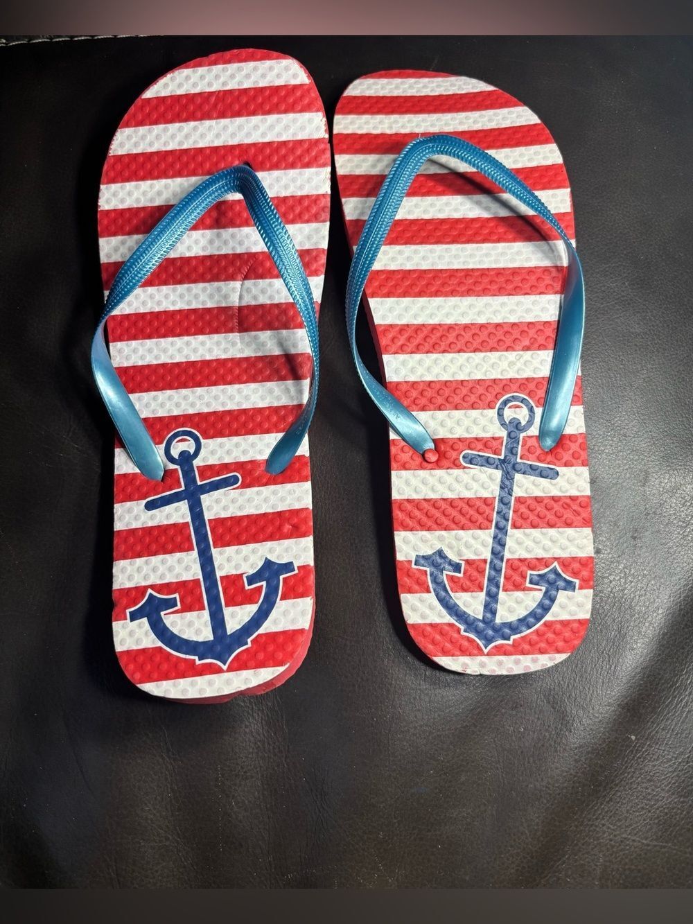 Nautical Anchor Striped Flip Flops Sandals - Red, White & Blue Size 9 - 10 EPC